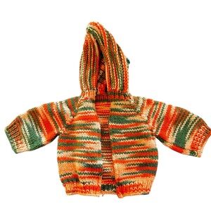 Hand Knit Baby Kids Sweater Full Zip Back with Hood Orange Green Unique